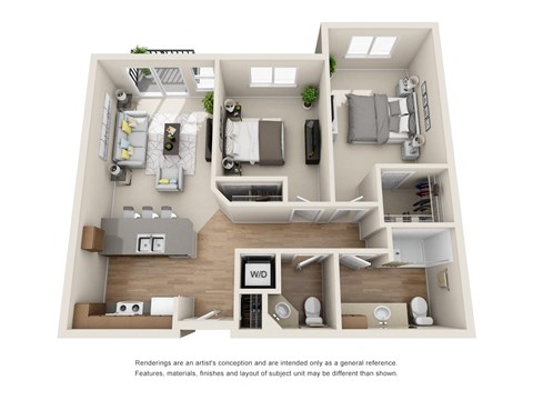 Floor plan for 2 beds, 1.5 baths, 849 sqft